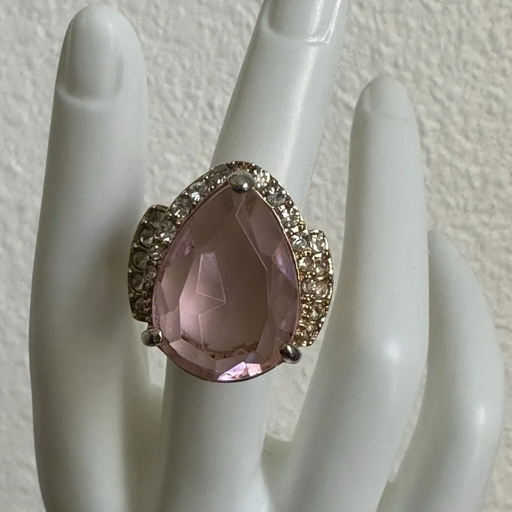 Vintage Arnold Scaasi Cocktail Ring Size 6 Pink Clear Crystals Gold Plate Signed